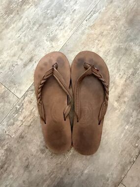 Rainbow Brown Braided Leather Thong Sandals